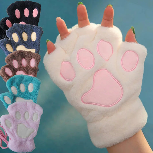 Winter Gloves Women Bear Plush Cat Paw Claw Cute Kitten Fingerless Mittens Christmas Halloween Girls