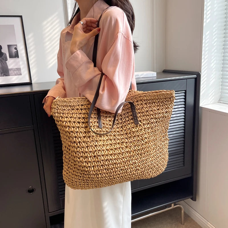 Moods Luxury Design Straw Woven Tote Bags Women Large Capacity Shoulder Beach Bag Pure Color Summer