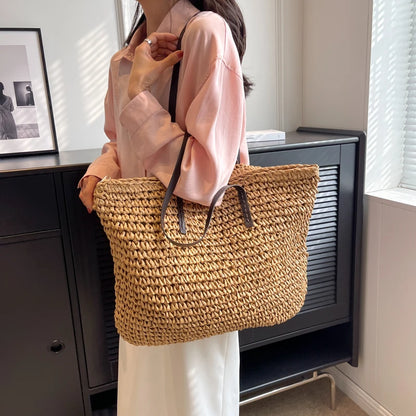 Moods Luxury Design Straw Woven Tote Bags Women Large Capacity Shoulder Beach Bag Pure Color Summer