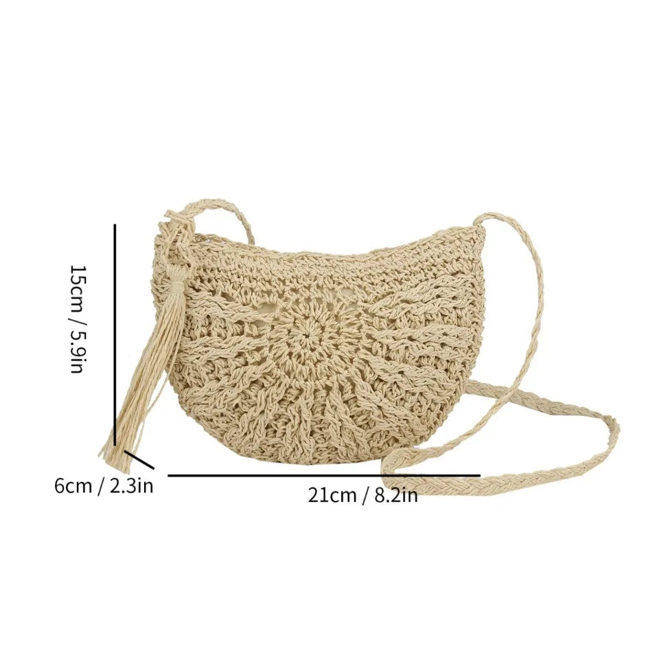 Handmade Straw Woven Crossbody Bag – Boho Semicircle Shoulder Bag