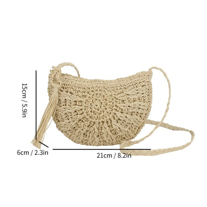 Handmade Straw Woven Crossbody Bag – Boho Semicircle Shoulder Bag