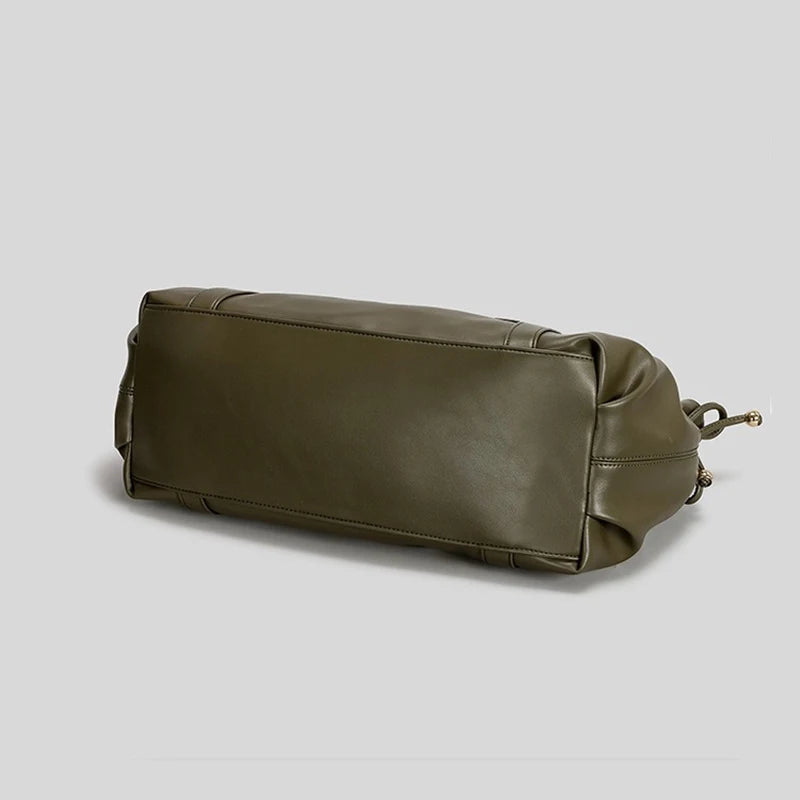 Vintage Large Ruched Drawstring Soft Leather Tote Bag Women S Crossbody Simple Handbag Commuter