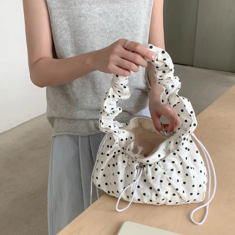 Polka Dot Shoulder Bag – Retro Drawstring Pleated Crossbody