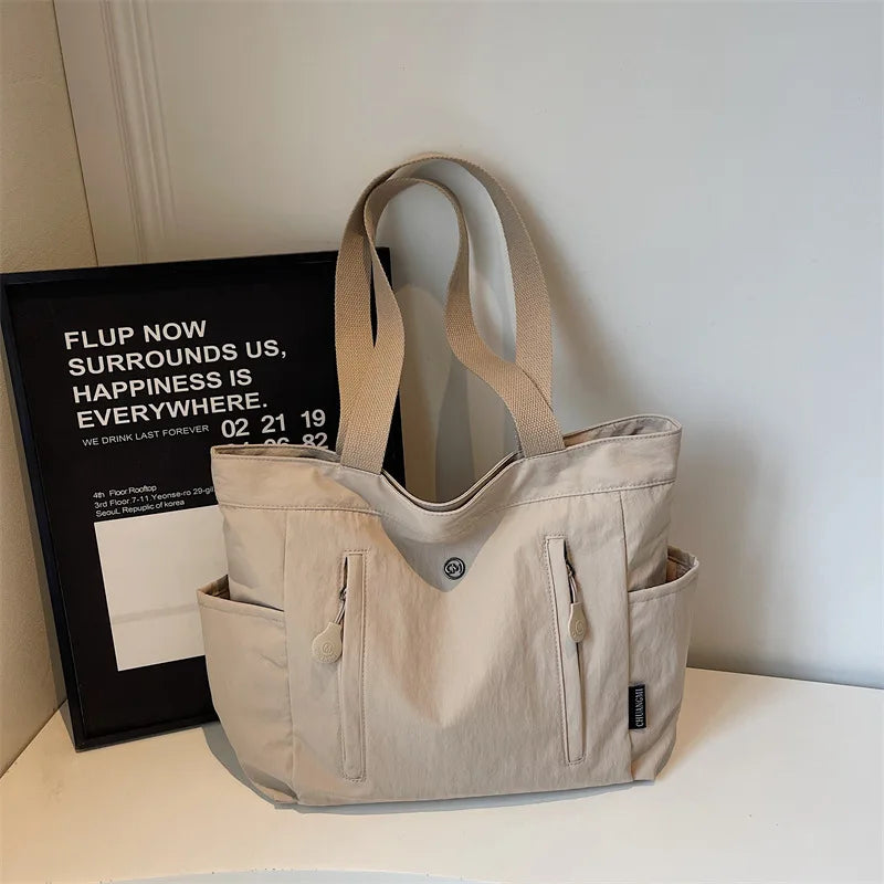 Large Canvas Tote Bag – Korean Style Multi-Pocket Shoulder Bag