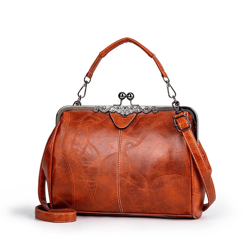 Luxury Leather Kiss-Lock Crossbody Handbag for Women