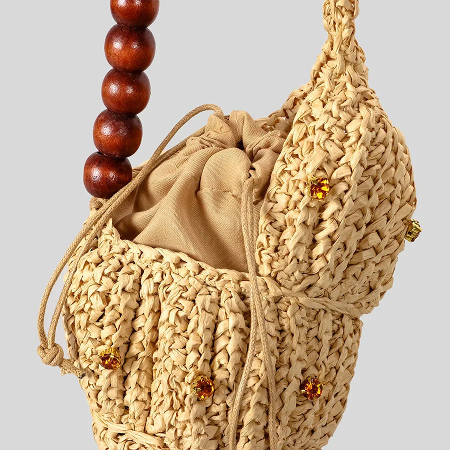 Creative Diamonds Conch Design Straw Bag Handmade Woven Women Handbags Wooden Beading Strap Shoulder