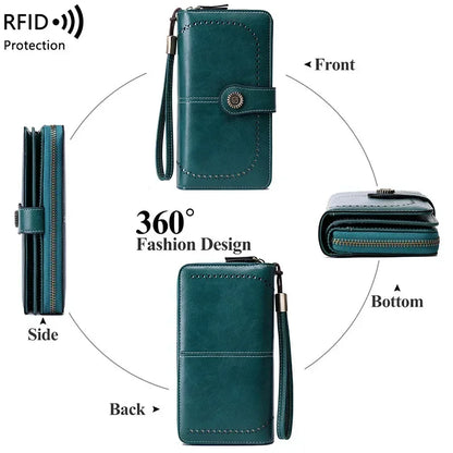 RFID Blocking Women's Leather Wallet – Large Zipper Clutch with 23 Card Slots