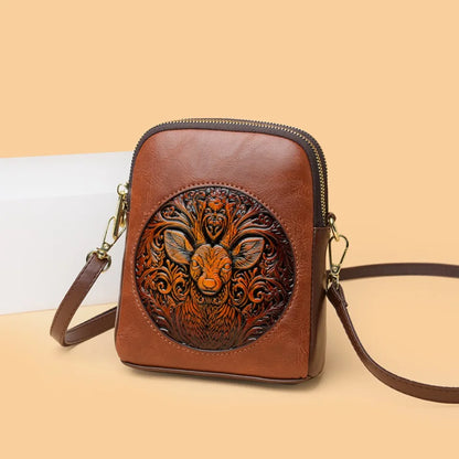 Vintage Deer Head Embossed Leather Crossbody Bag – Mini Multi-Pocket Purse