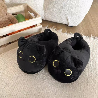 Black Cat Plush Slippers – Funny Warm Indoor House Shoes