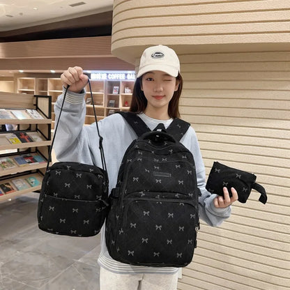 Bow Print Backpack Set – Large Capacity 3-Piece Women's Bag