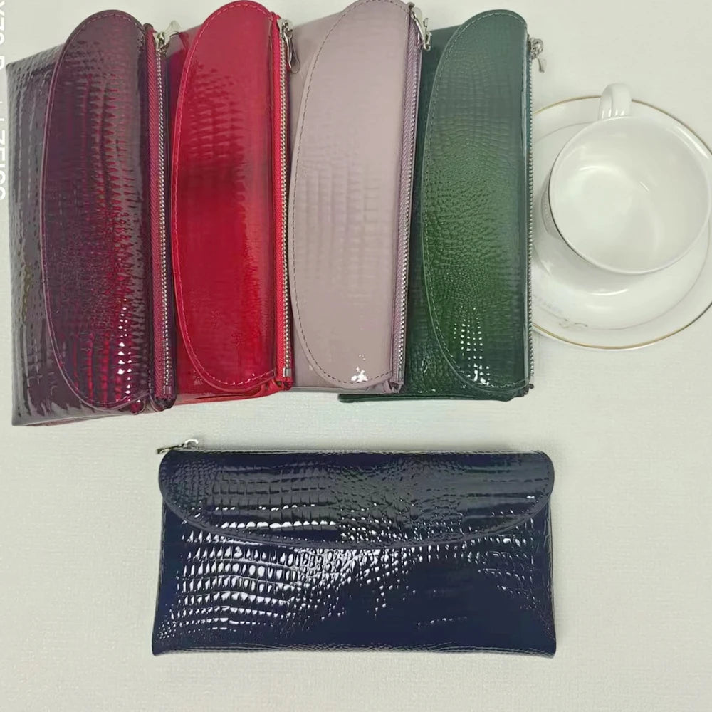 Patent Leather Long Wallet Women Crocodile Pattern Clutch Purse