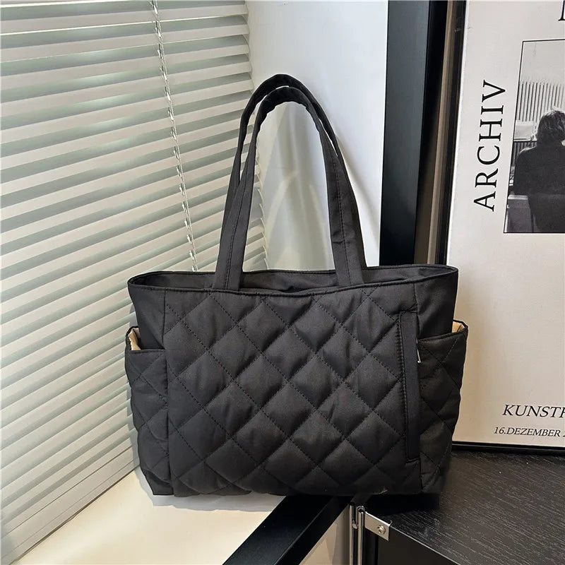 Cotton Shoulder Bag - Large Capacity Diamond Pattern Tote for Women