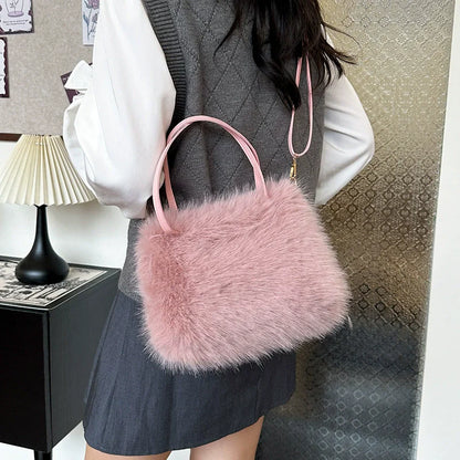 Faux Fur Tote Bag for Women – Plush Bucket Handbag with Crossbody Strap
