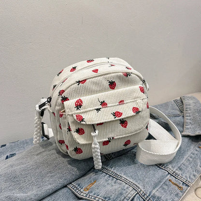 Corduroy Crossbody Bag – Cute Strawberry Print Women's Shoulder Bag