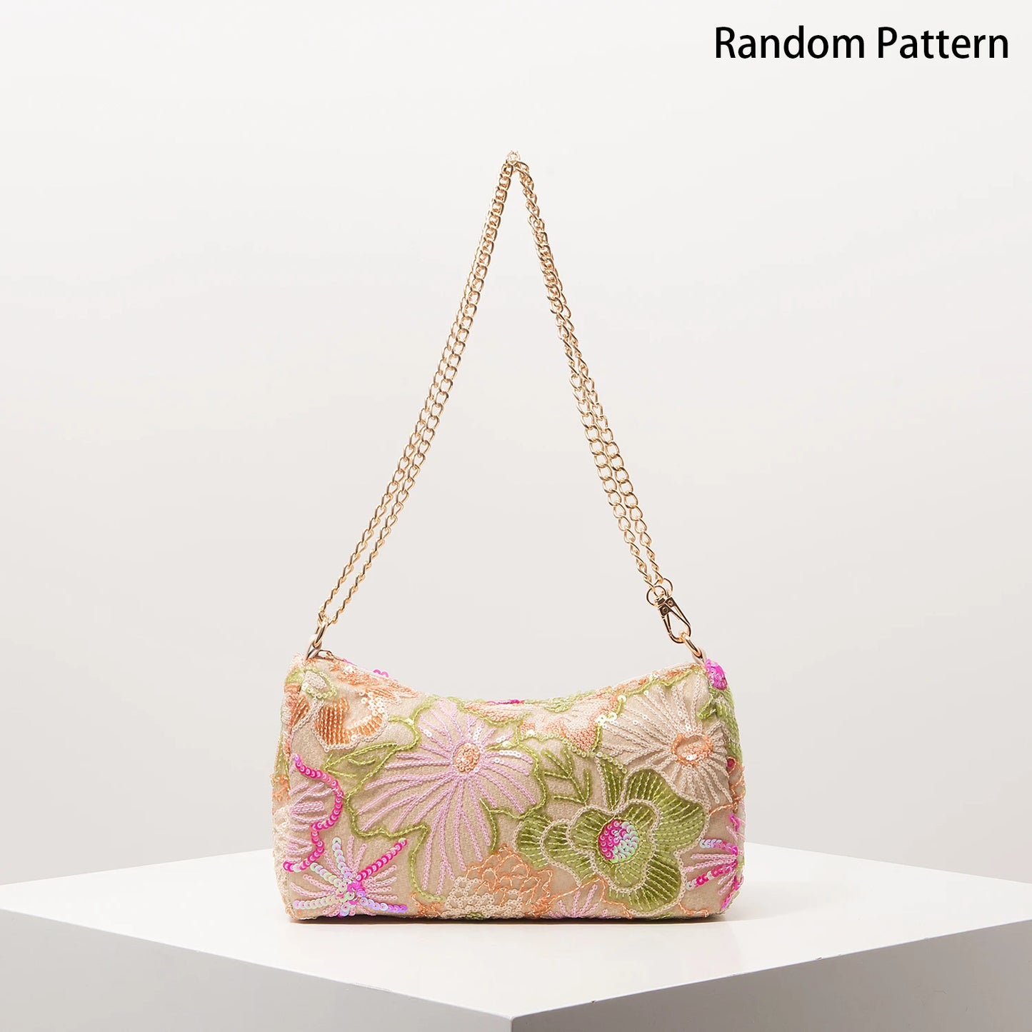 Floral Sequin Shoulder Bag – Beaded Embroidery Chain Strap Purse