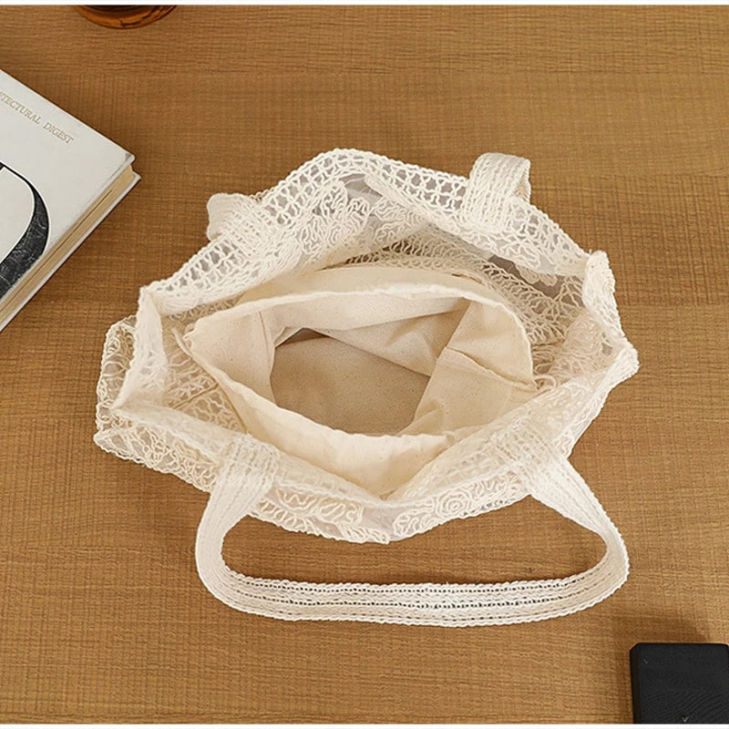 Floral Lace Tote Bag for Women – Large Capacity Mesh Shoulder Bag with Inner Pouch