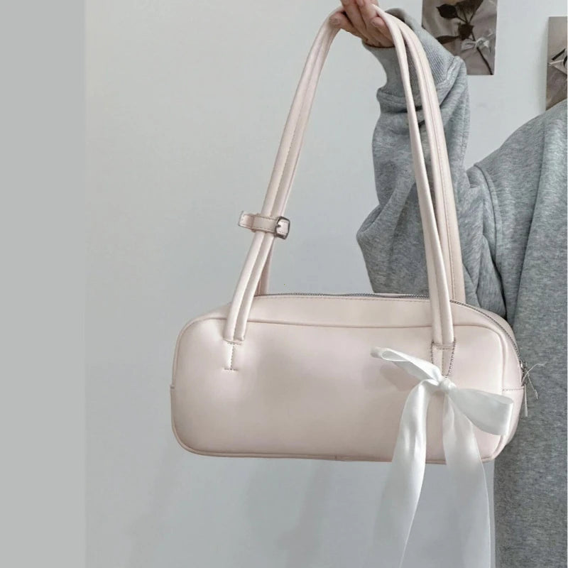 Bow Shoulder Bag Women's PU Leather Zipper Handbag with Star Charm