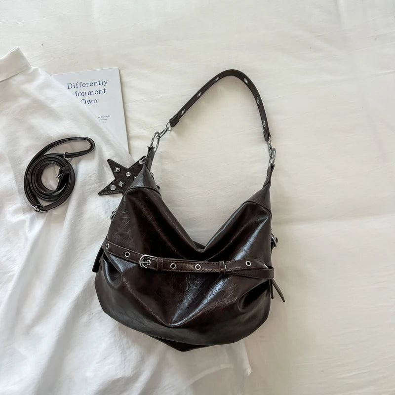 Moods Biker Style Shoulder Hobo Bags Women Soft Pu Leather Large Capacity Shopper Totes Rivets Decor