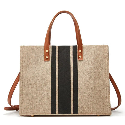 Large Capacity Women's Tote Bag – Striped Canvas Shoulder Handbag