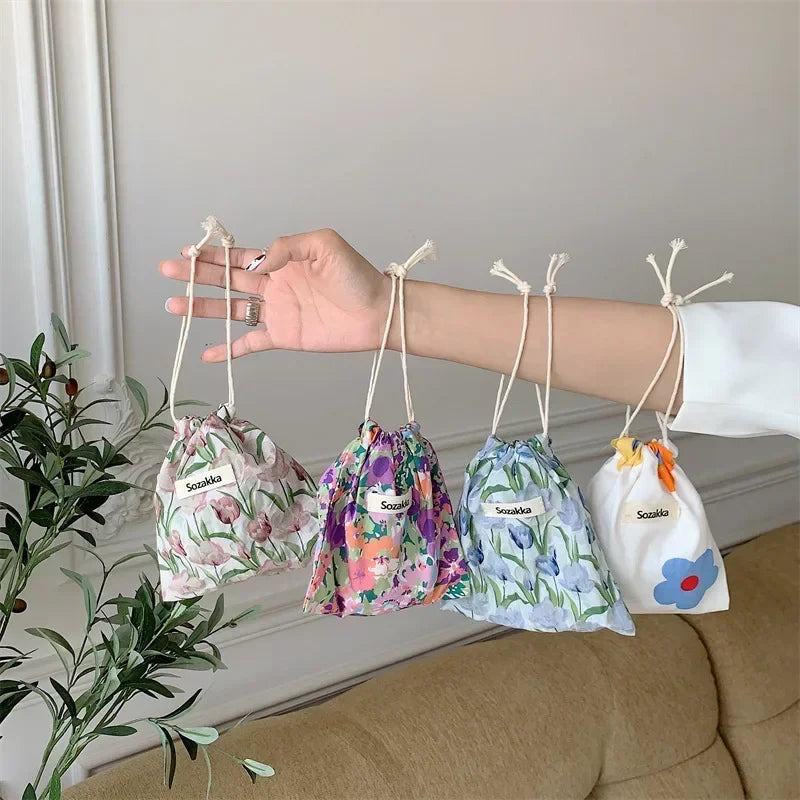 Kawaii Floral Drawstring Pouch – Cute Cosmetic & Coin Purse Bag