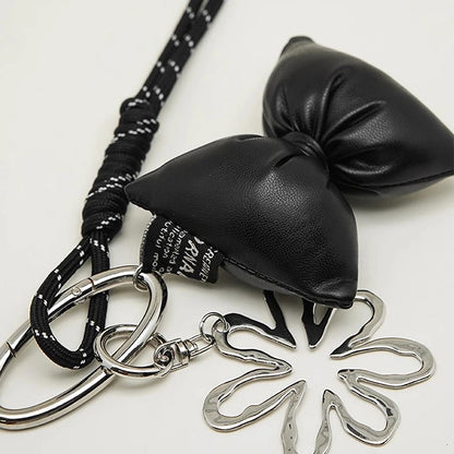 Y2K Bow Leather Keychain – Heart Clip Bag Charm & Phone Lanyard