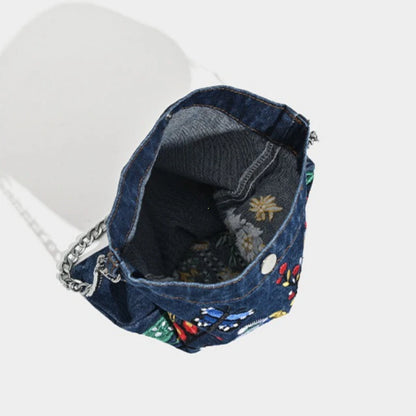 Embroidered Floral Denim Crossbody Bag – Women's Chain Shoulder Bag