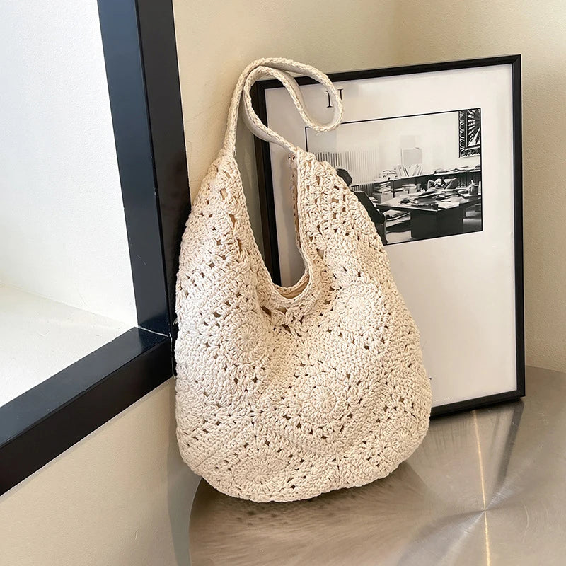 Woven Straw Tote Bag – French Crochet Large Shoulder Handbag