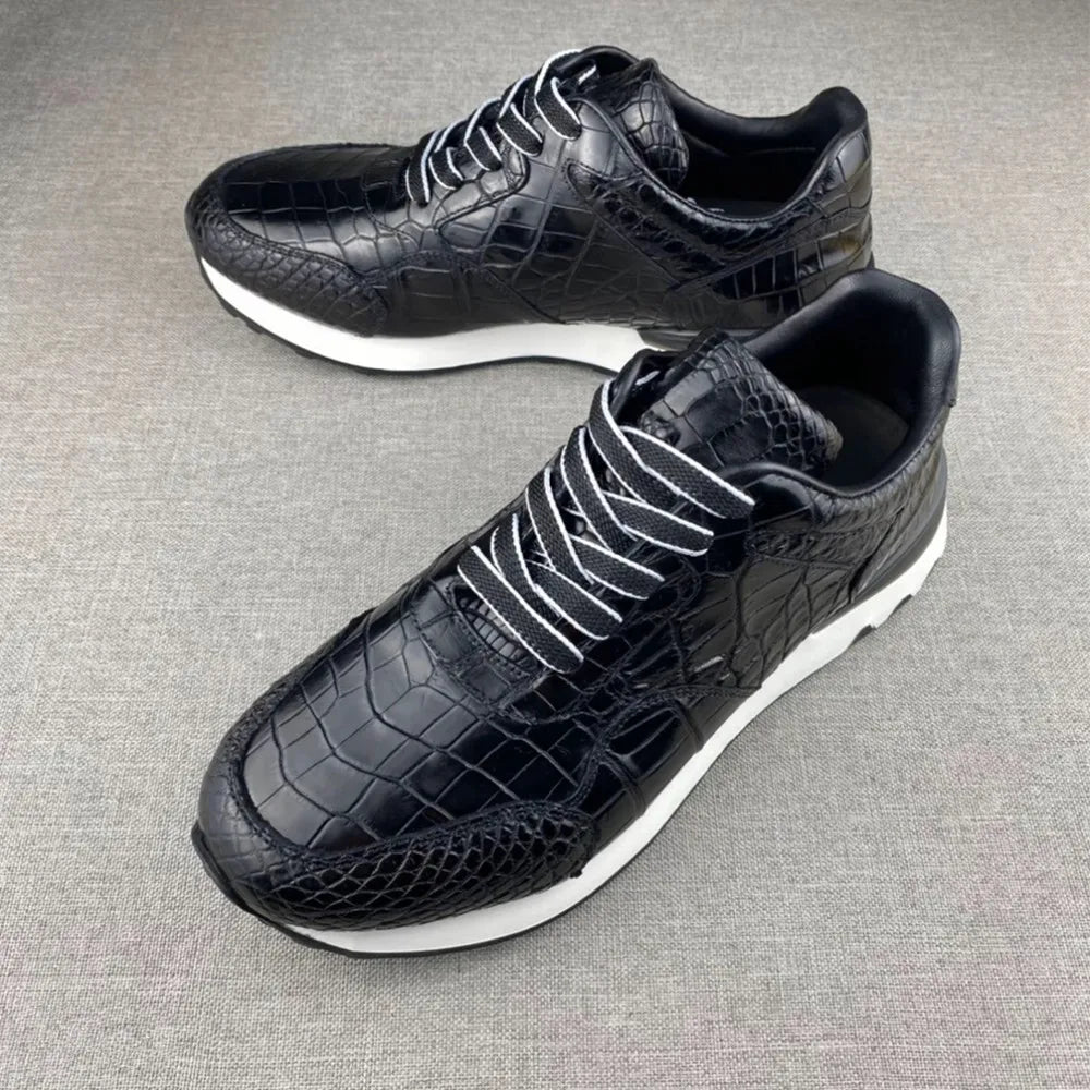 Crocodile Leather Men's Soft-Sole Sneakers – Genuine Lace-Up Flat Casual Shoes