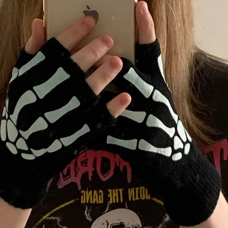 Skeleton Skull Fingerless Gloves – Glow in the Dark Punk Knit