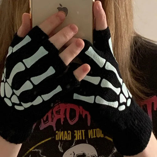 Skeleton Skull Fingerless Gloves – Glow in the Dark Punk Knit