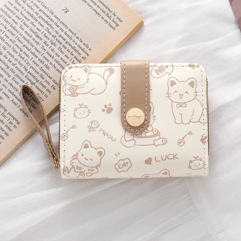 Cute Cat Print Short Wallet for Women – PU Leather Coin Purse