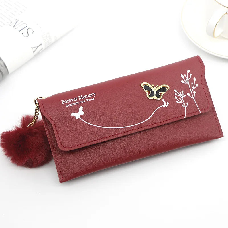 Women's Long Wallet – Butterfly PU Leather Purse with Pom-Pom