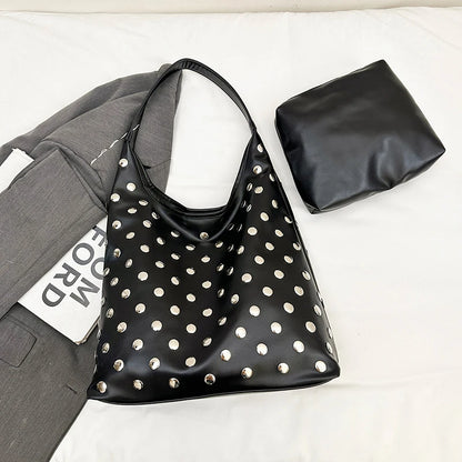 Moods Slouchy Studded Tote Bag Set Women Biker Style Rivets Decor 2-In-1 Large Capacity Underarm