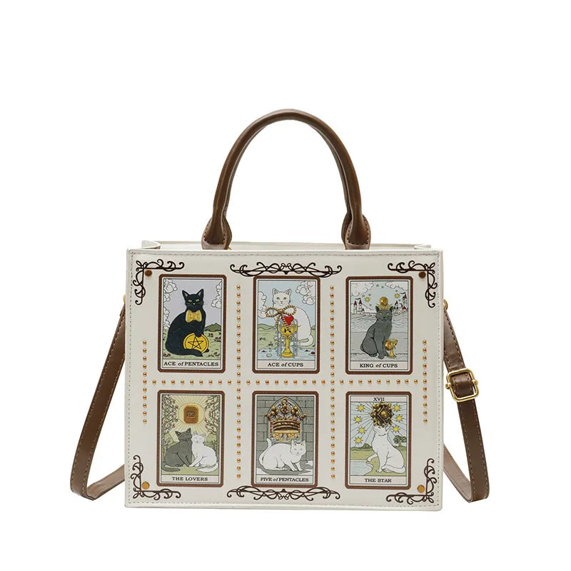 Cat Tarot Print Tote Bag for Women – Stylish Top-Handle Handbag