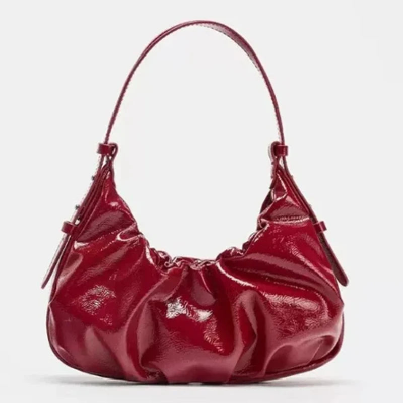 Pleated Patent Leather Shoulder Bag – Women's Underarm Hobo Purse