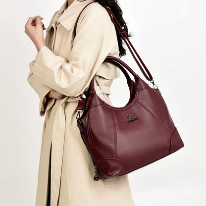 Large Capacity Leather Women's Handbag – 3-Layer Shoulder & Crossbody Bag
