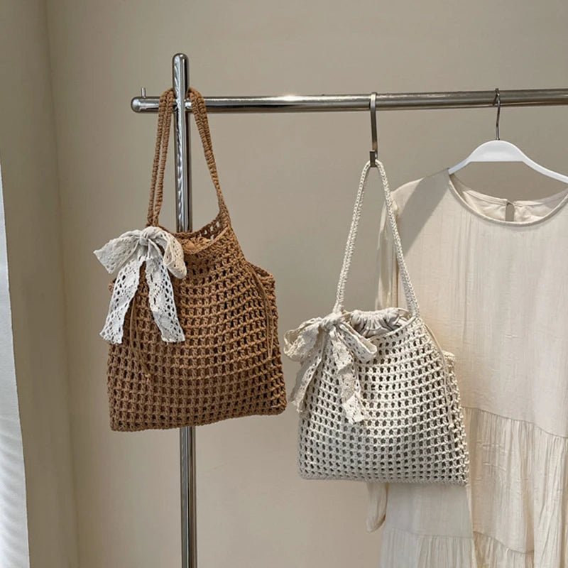 Crochet Tote Bag with Lace Bow – Large Boho Beach Bag