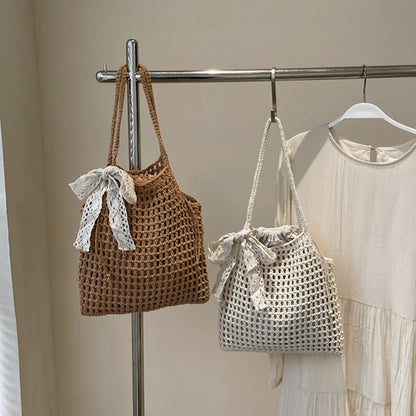 Crochet Tote Bag with Lace Bow – Large Boho Beach Bag