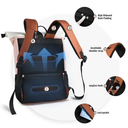Roll-Top Laptop Backpack for Women, Waterproof Travel Bag with USB Port