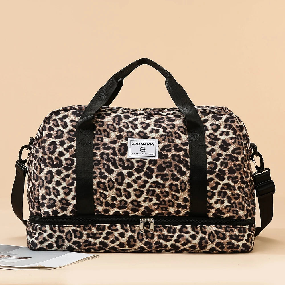 Leopard Print Gym Duffle Bag with Shoe Compartment