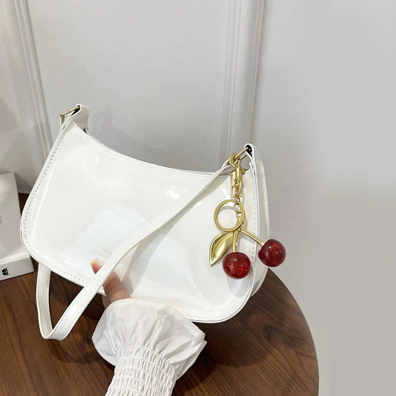 PU Leather Shoulder Bag with Cherry Pendant for Women