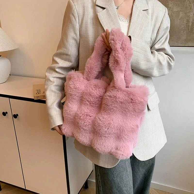 Fluffy Plush Tote Bag – Women's Faux Fur Top-Handle Handbag