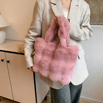 Fluffy Plush Tote Bag – Women's Faux Fur Top-Handle Handbag