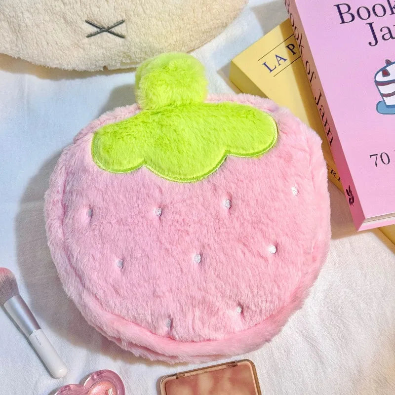 Cute Strawberry Plush Makeup Bag – Large Capacity Travel Cosmetic Pouch