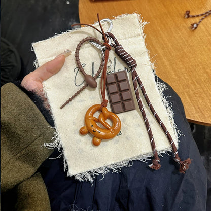 Cute Food Bag Charm Keychain with Braided Rope – Croissant, Chocolate & More