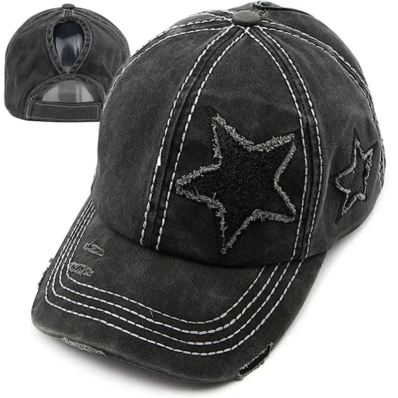 Retro Y2K Star Washed Denim Baseball Cap – Snapback Hat for Men & Women