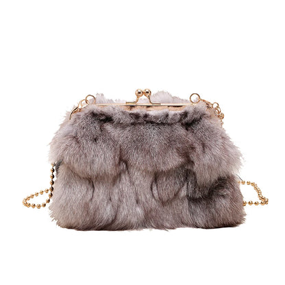 Women's Fluffy Faux Fur Crossbody Bag – Gold Frame Pearl Chain Handbag