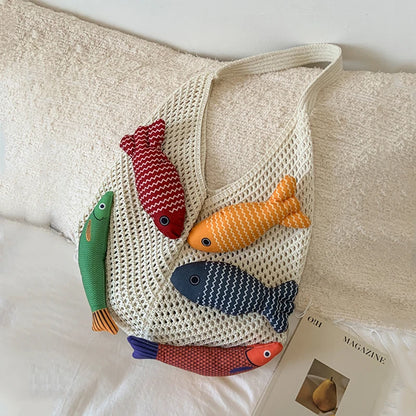Fish Design Knit Shoulder Bag – Woven Hobo Tote