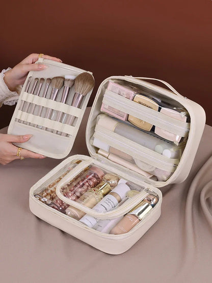 Large Capacity PU Leather Makeup Bag – Travel Cosmetic Case with Brush Holder