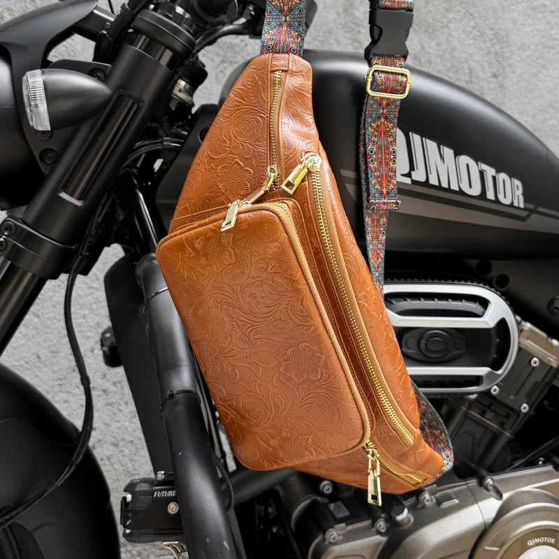 Genuine Leather Fanny Pack for Men – Floral Embossed Travel Waist Bag